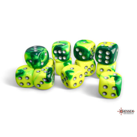 CHX 26654 Gemini Green-Yellow/silver 16mm d6 Dice Block (12 dice)