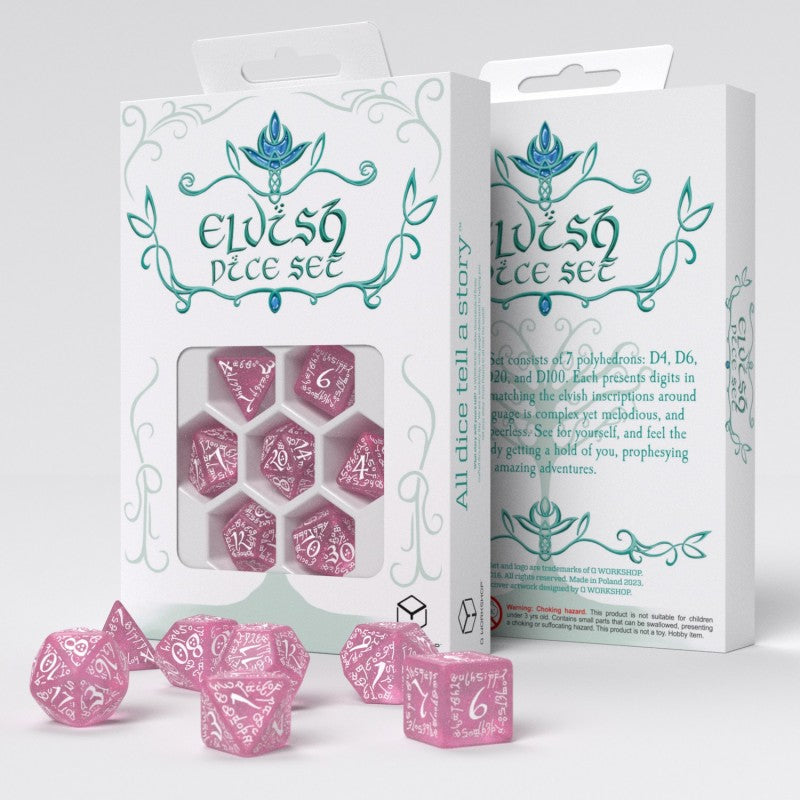 Q Workshop Elvish Dice Set: Shimmering Pink and White Dice