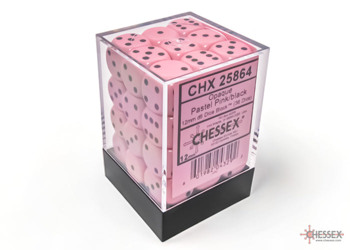 CHX 25864 Opaque 12mm d6 Pastel Pink/black Dice Block (36 dice)