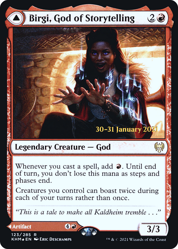 Birgi, God of Storytelling // Harnfel, Horn of Bounty (PRE-123) - Kaldheim Promos Foil