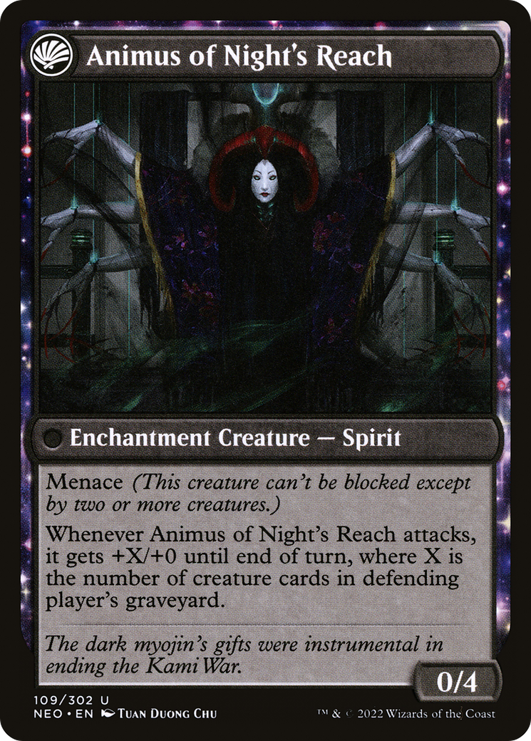 The Long Reach of Night // Animus of Night's Reach (NEO-109) - Kamigawa: Neon Dynasty: (fandfc, enchantment)