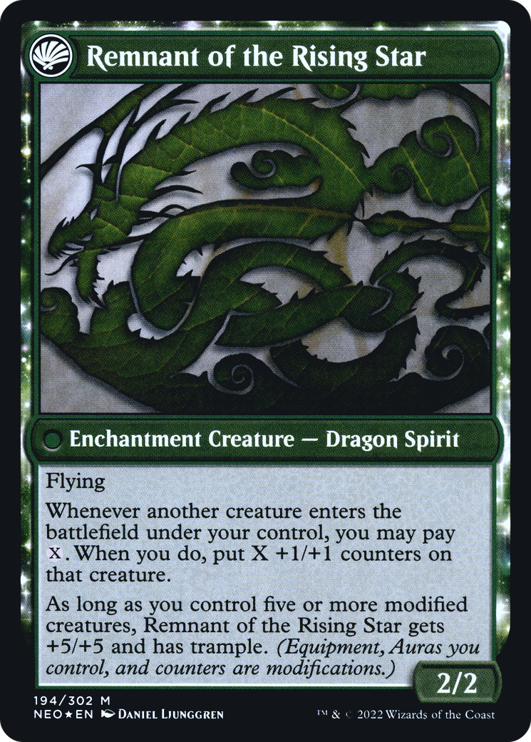 Jugan Defends the Temple // Remnant of the Rising Star (PRE-194S) - Kamigawa: Neon Dynasty Promos: (fandfc, enchantment) Foil