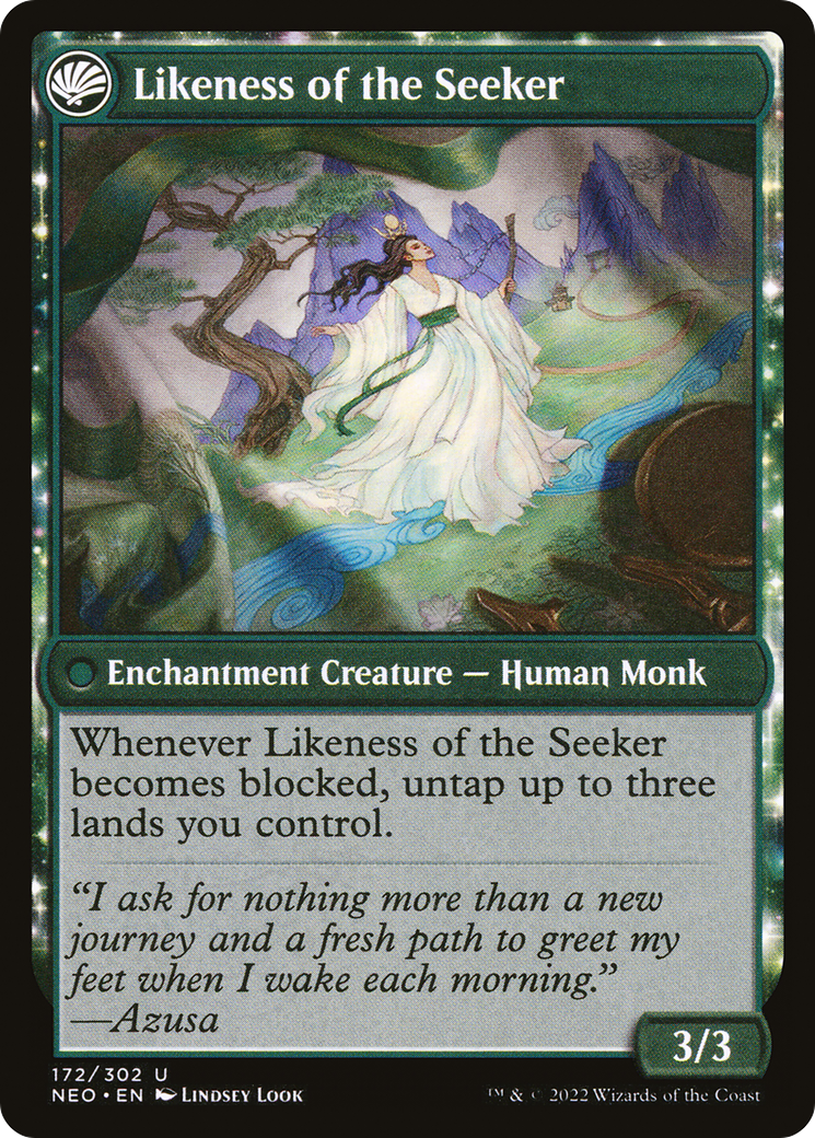 Azusa's Many Journeys // Likeness of the Seeker (NEO-172) - Kamigawa: Neon Dynasty: (fandfc, enchantment)