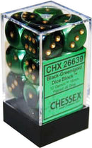 CHX 26639 D6 Gemini 16mm d6 Black-Green/gold Dice Block