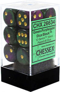 CHX 26636 D6 Gemini 16mm d6 Green-Purple/gold Dice Block