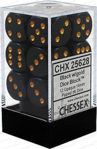 Chessex D6 Opaque 16mm d6 Black/gold Dice Block (12 dice)