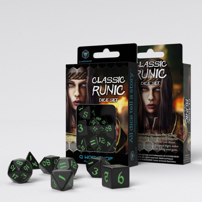 Q Workshop Runic Black & Green Dice Set 7